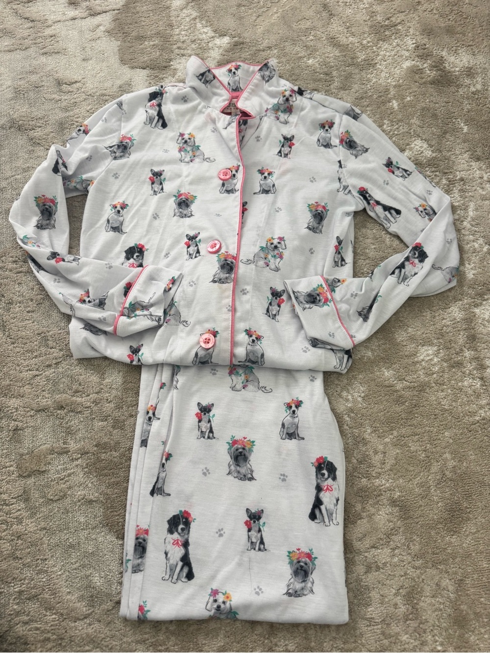 PJ Savage- Girls White Dog Print Pajama Set with Pink Trim